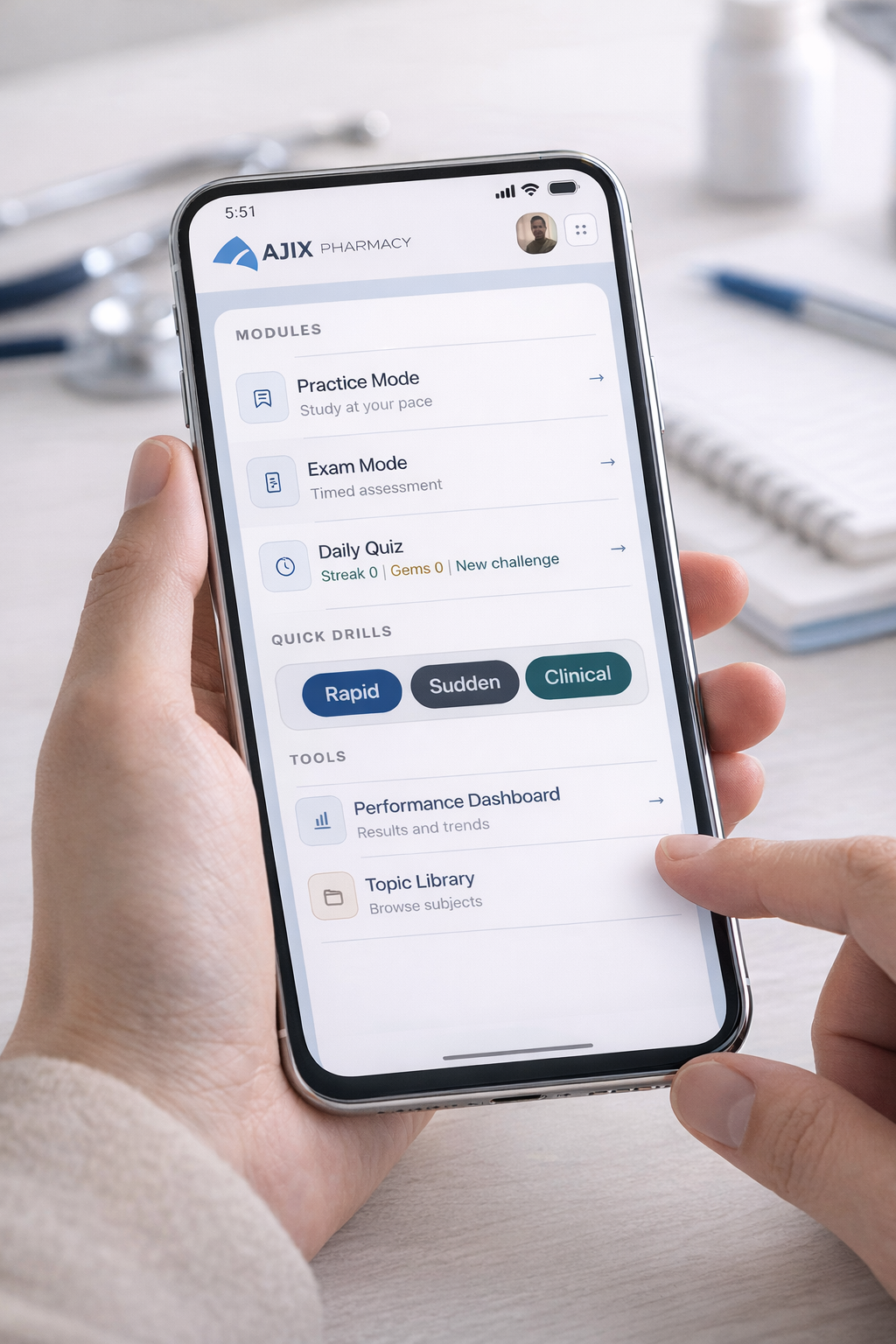 Pharmacist using a tablet in a clinical environment